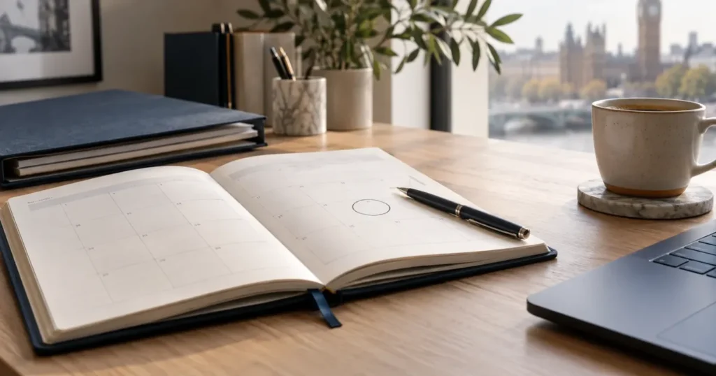 Calendario con una fecha marcada en una mesa de oficina: plazos de tu empresa británica